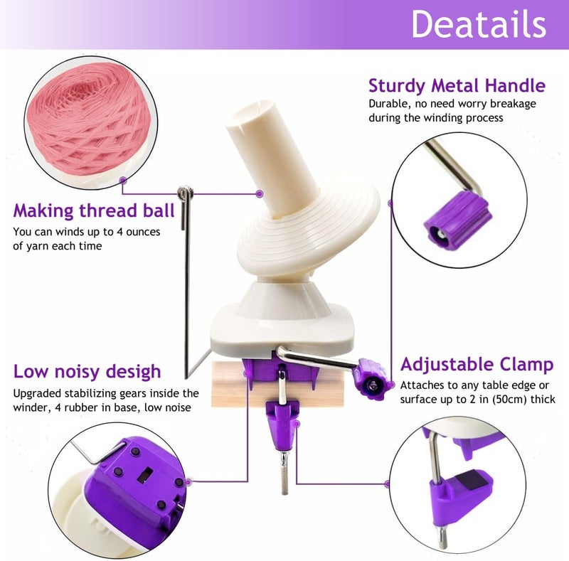Ayasee Yarn Ball Winder, Yarn Winder Knitting Set Hand Operated Ball Winder with Tabletop Clamp for Yarn Storage (22) (Purple) - Image 3